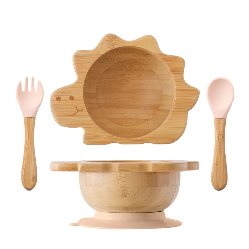 Baby Wooden Tableware Set - Bamboo Plate, Bowl, Fork & Spoon
