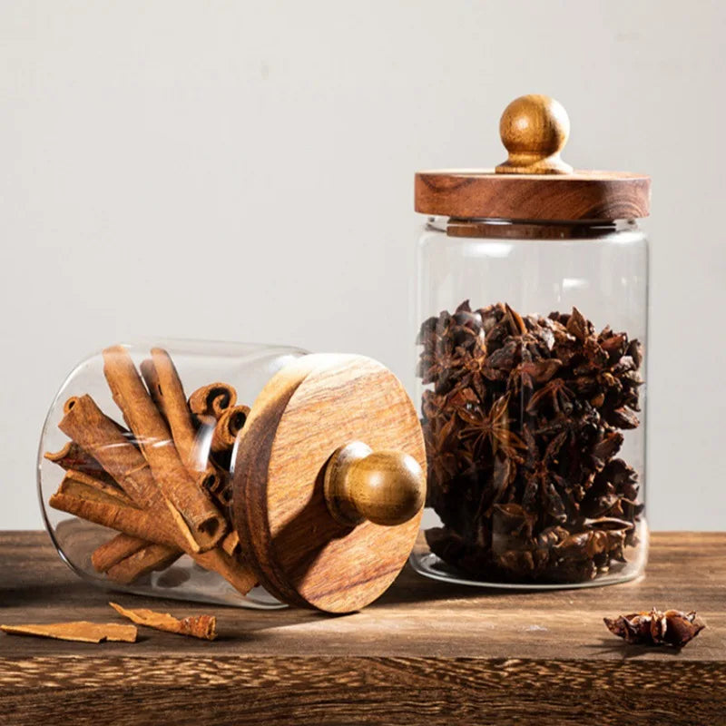 Glass Food Storage Jar with Wooden Lid – Airtight Sealed Container for Coffee Beans, Nuts, Spices, Candy, and Moisture-Proof Storage