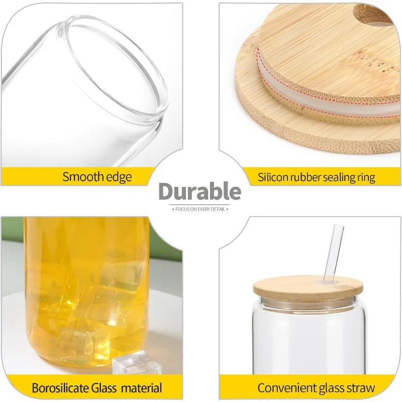 20-Pack Glass Cups with Bamboo Lids and Glass Straws – 16oz Beer Can Shaped Drinking Glasses