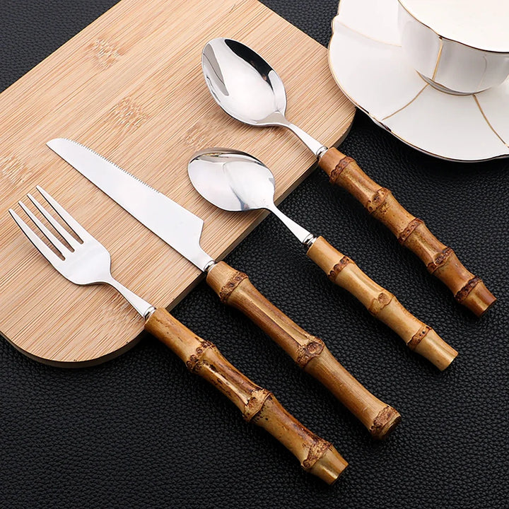 24-Piece Bamboo Tableware Set – Stainless Steel Cutlery with Natural Bamboo Handles, Flatware Set with Steak Knives
