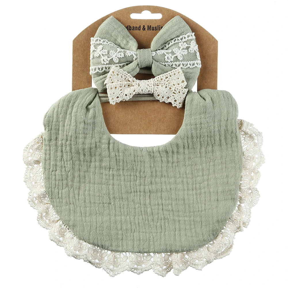 3-Piece Muslin Cotton & Bamboo Baby Bib Set with Tassel Lace
