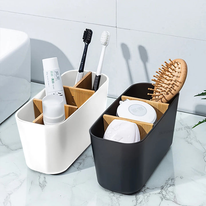 Bamboo Electric Toothbrush & Razor Holder – Bathroom Storage Stand for Toothpaste, Brushes, and Accessories