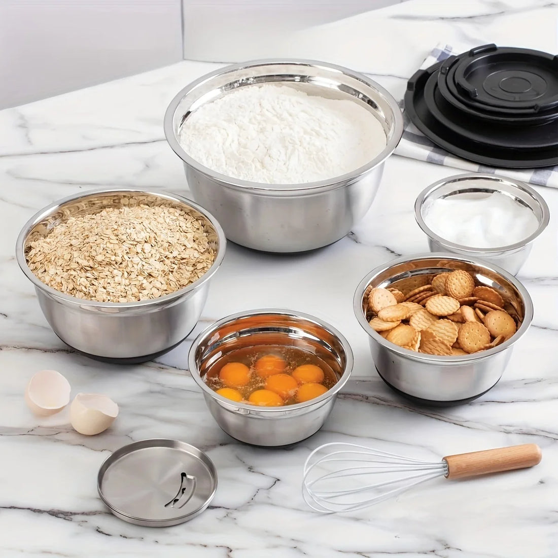 8pcs Stainless Steel Mixing Bowls with Airtight Lids – Set of Black Kitchen Bowls