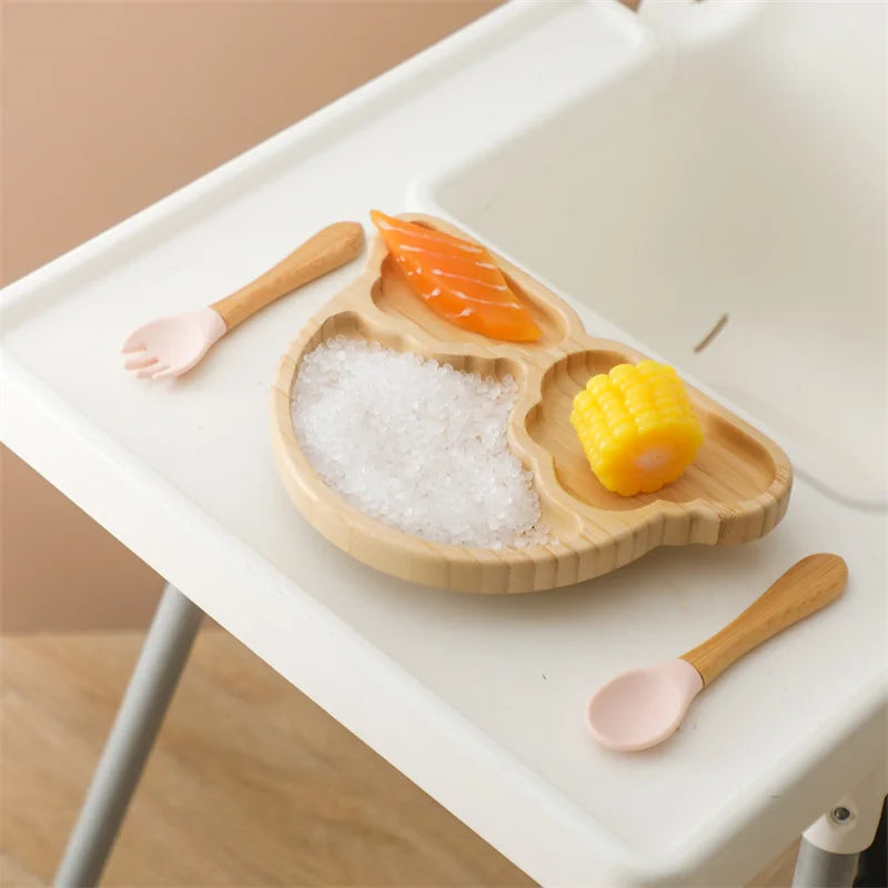 Baby Wooden Tableware Set - Bamboo Plate, Bowl, Fork & Spoon