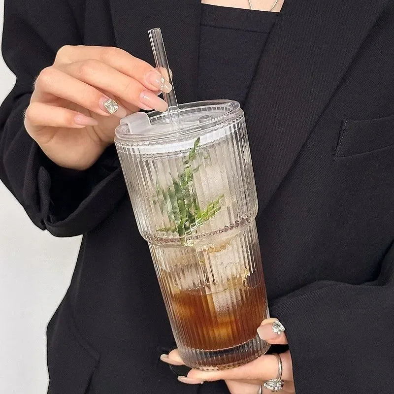 600ML Stripe Glass Coffee Cup with Lid and Straw – Transparent Drinking Glass for Juice, Milk, Tea, and Iced Coffee