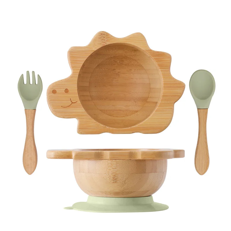 Baby Wooden Tableware Set - Bamboo Plate, Bowl, Fork & Spoon