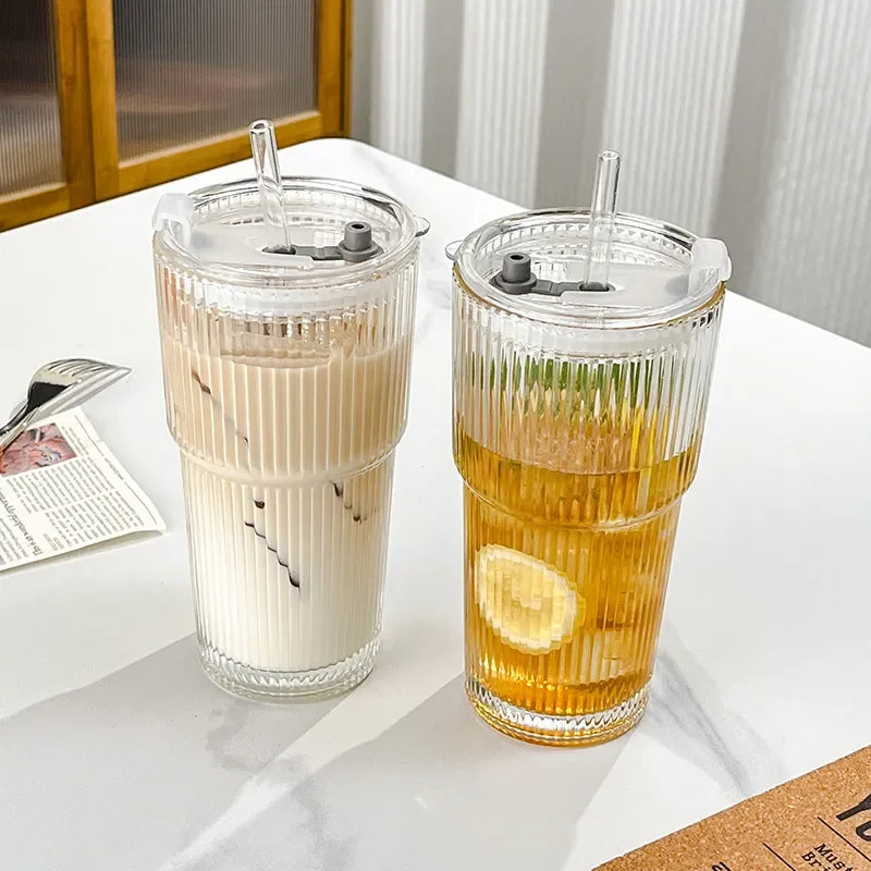 600ML Stripe Glass Coffee Cup with Lid and Straw – Transparent Drinking Glass for Juice, Milk, Tea, and Iced Coffee
