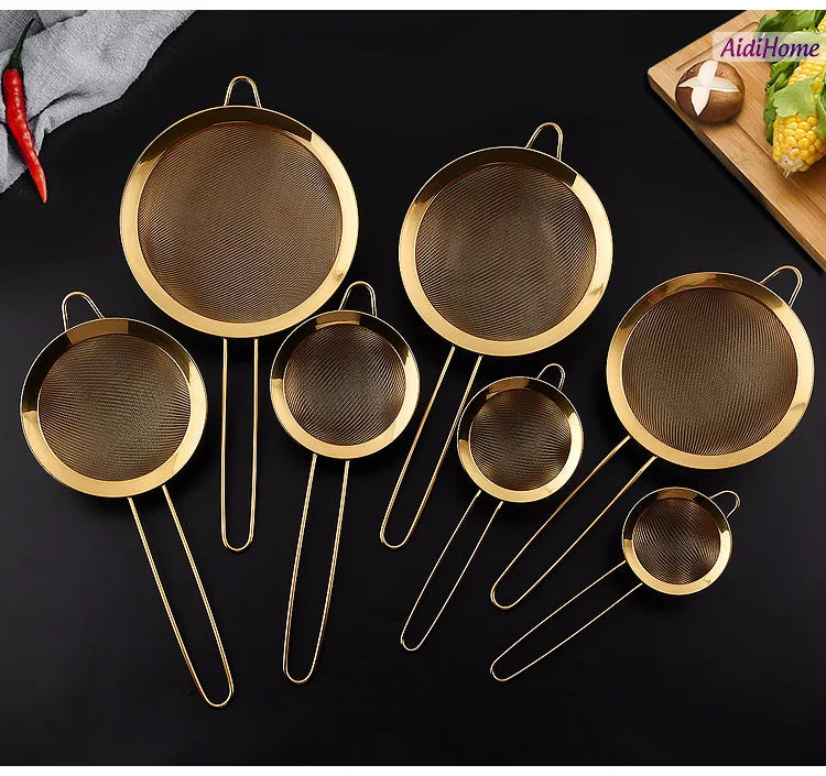 Stainless Steel Gold Mesh Egg Beater – Separate Oil Strainer, Flour Sifter, Sieve Colanders, Flour & Coffee Mesh Filter, Kitchen Bakeware