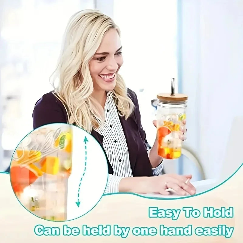 750ML Glass Cup with Wooden Lid and Straw – Bubble Tea, Cold Drinks, Coffee, Juice, Milk, and More