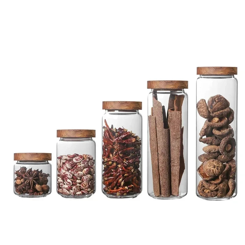 Wood Lid Glass Airtight Canister – Kitchen Storage Jar Set