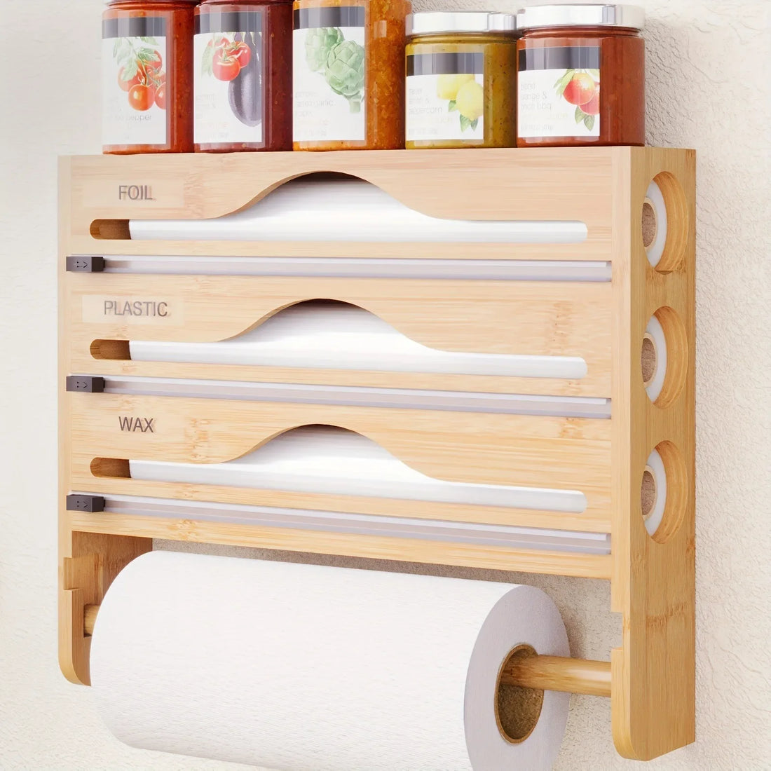 Bamboo Compartment Cling Film and Tin Foil Cutter Box – Wall-Mounted Paper Towel and Kitchen Organizer