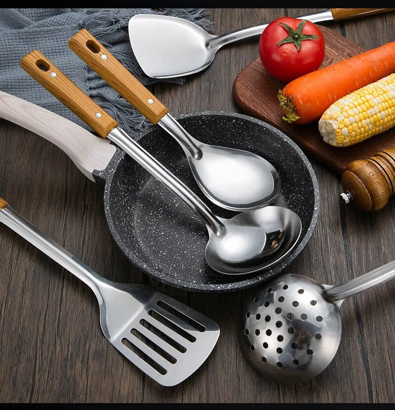 Stainless Steel Imitation Wood Grain Handle Spatula – Leaky Shovel Spoon, Set of 5 Kitchen Tools for Cooking
