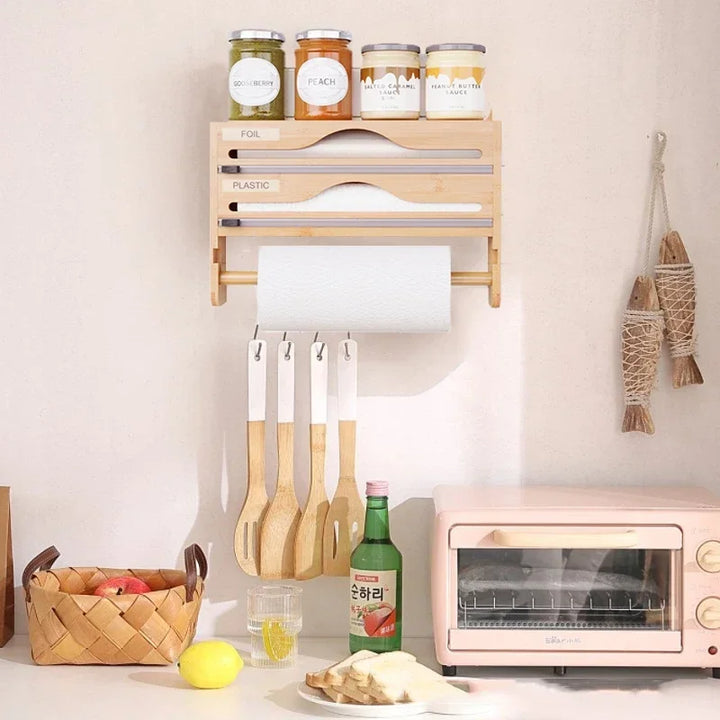 Bamboo Compartment Cling Film and Tin Foil Cutter Box – Wall-Mounted Paper Towel and Kitchen Organizer