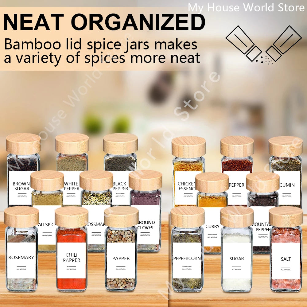 Glass Spice Jars with Bamboo Lid – Spice Seasoning Containers, Salt & Pepper Shakers, Spice Organizer Kitchen Spice Jar Set