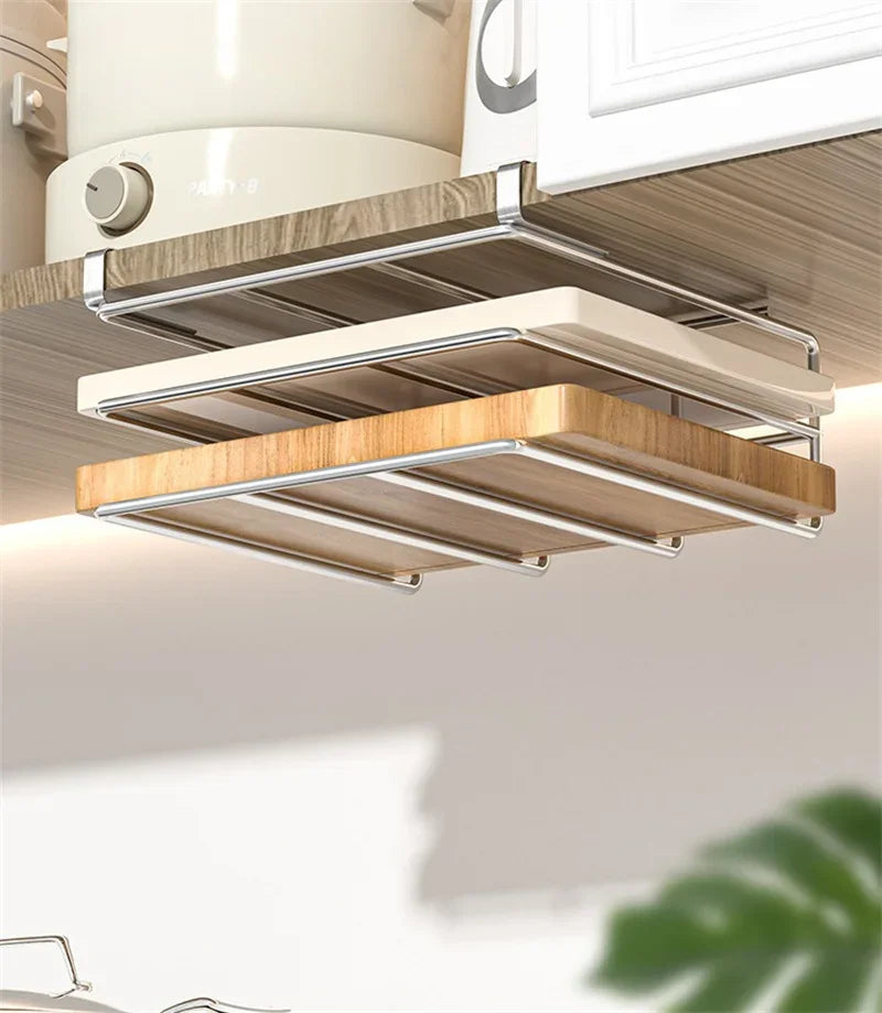 Stainless Steel Kitchen Hanging Organizer Rack – Hooks, Towel Bar, Pot Lid & Cutting Board Storage