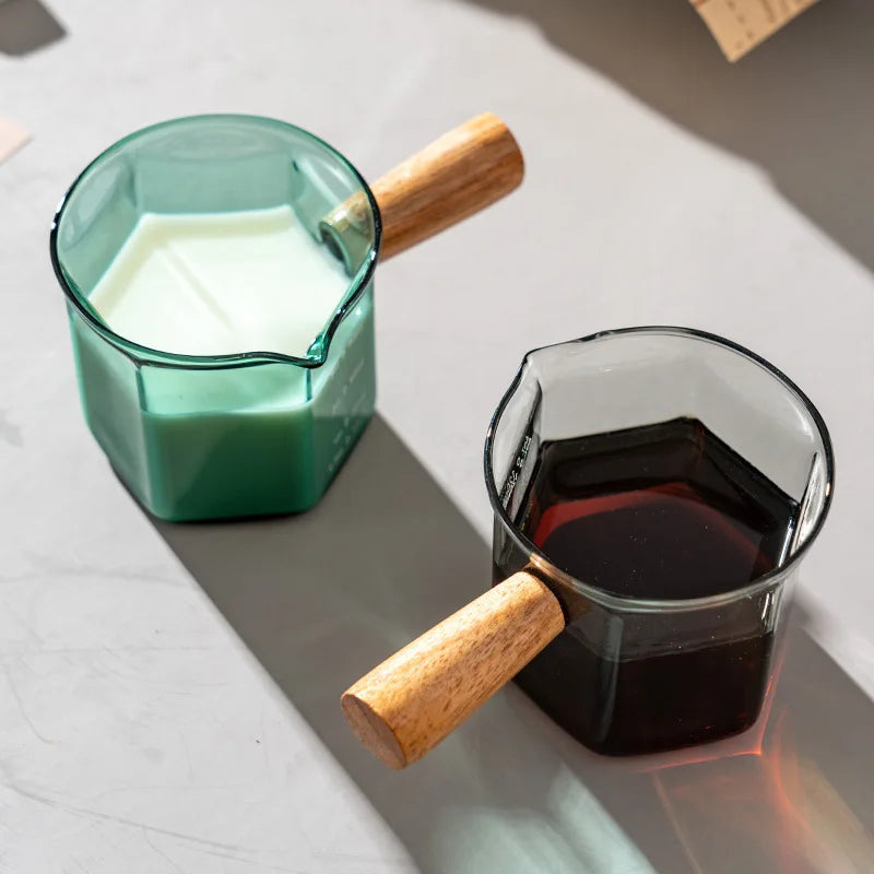 120ml Glass Espresso Measuring Cup – Hexagon Milk Jug with Wood Handle for Coffee, Sauce, and Serving