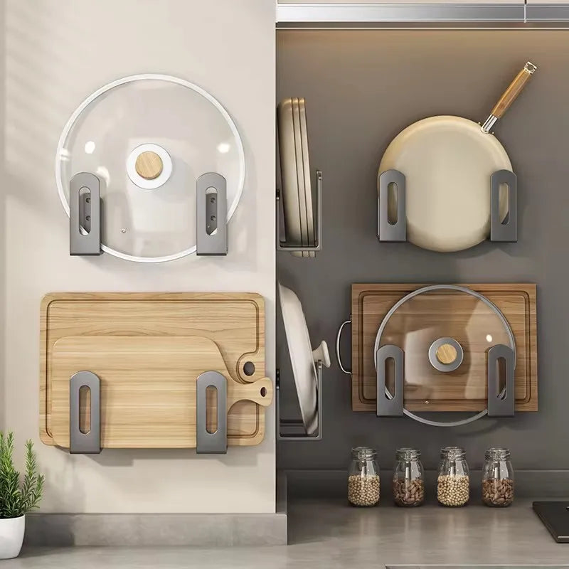 2pcs Wall-Mounted Pot Lid & Cutting Board Rack – Multifunctional Kitchen/Bathroom Organizer Set