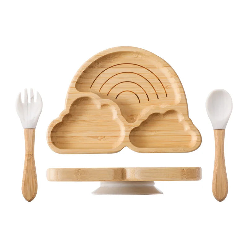 Baby Wooden Tableware Set - Bamboo Plate, Bowl, Fork & Spoon