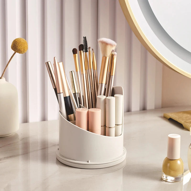 360° Rotating Makeup Brush Holder with Lid – Desktop Makeup Organizer, Cosmetic Storage Box for Lipstick, Eyebrow Tools & More