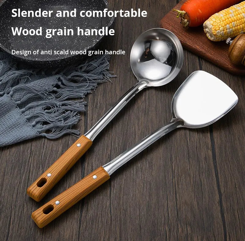 Stainless Steel Imitation Wood Grain Handle Spatula – Leaky Shovel Spoon, Set of 5 Kitchen Tools for Cooking