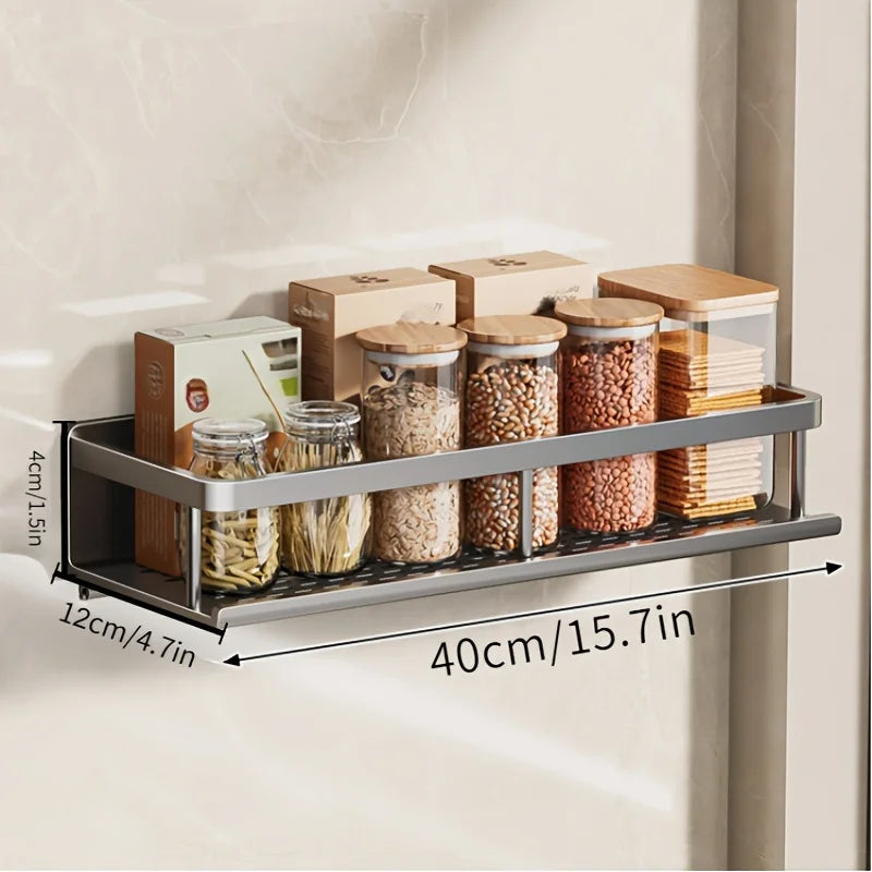 Aluminum Wall-Mounted Shelf – Multifunctional Kitchen Spice Storage Rack, Kitchen Space Management Solution
