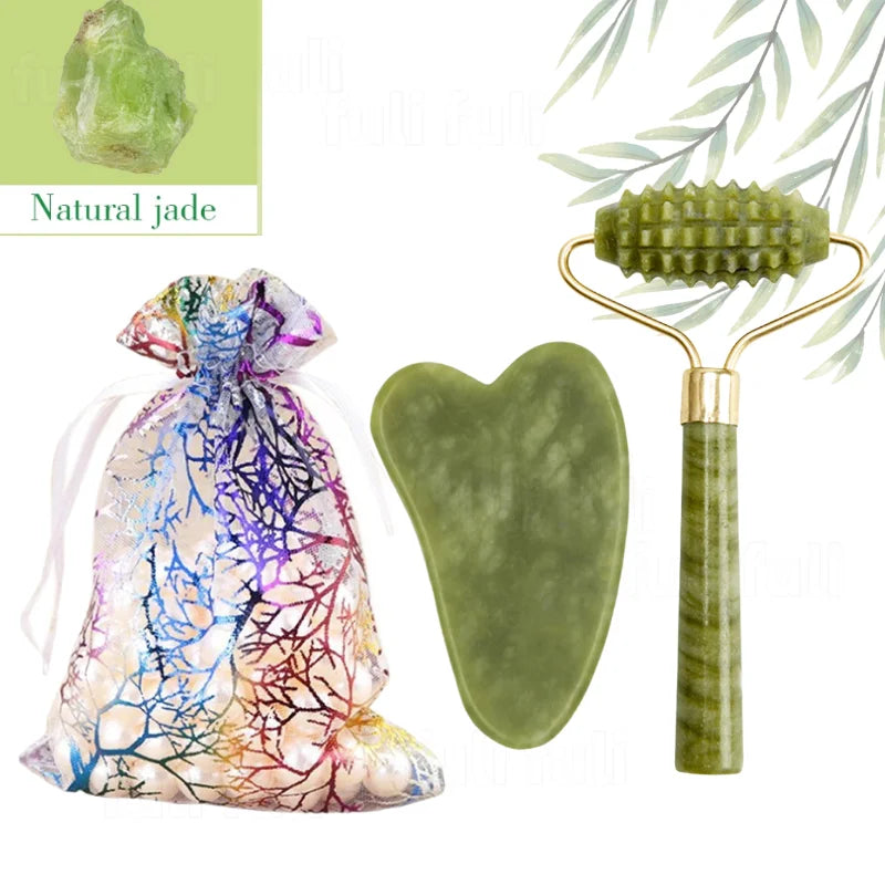 Rose Quartz Powder Crystal Jade Roller & Gua Sha Set – Natural Stone Beauty Tool for Facial Lift