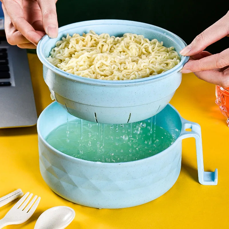 Microwave Ramen Bowl Cooker Set – Wheat Straw Instant Noodles Bowl with Handles, Includes Spoon, Chopsticks, and Fork