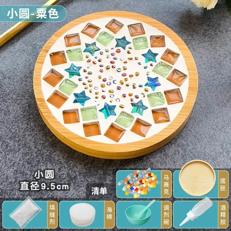Handmade DIY Mosaic Cup Mat – Bamboo Pad Heart & Square Coaster for Parent-Child Early Education Crafting