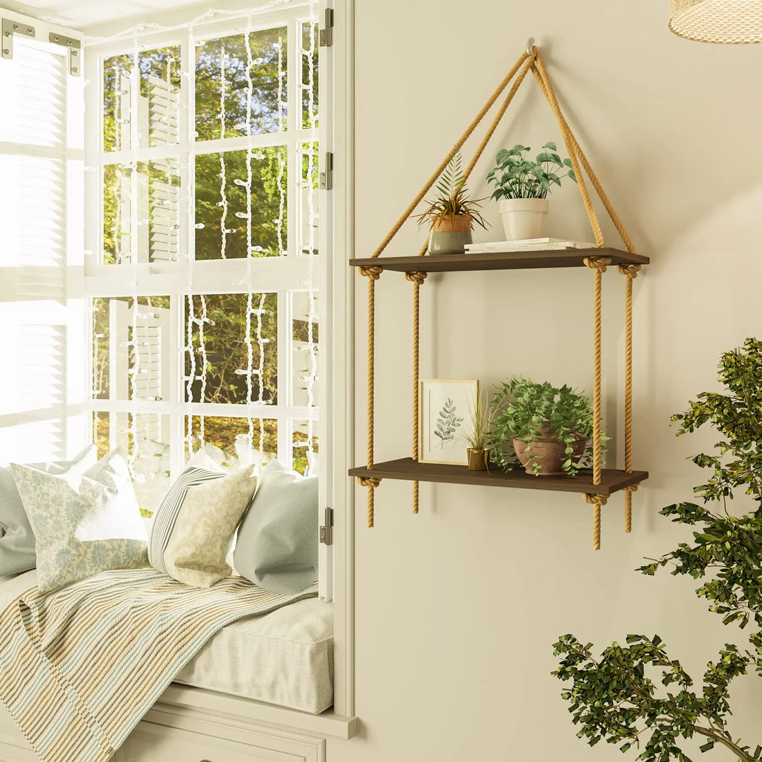 Boho Black Hanging Wall Shelves with Macrame Hanger