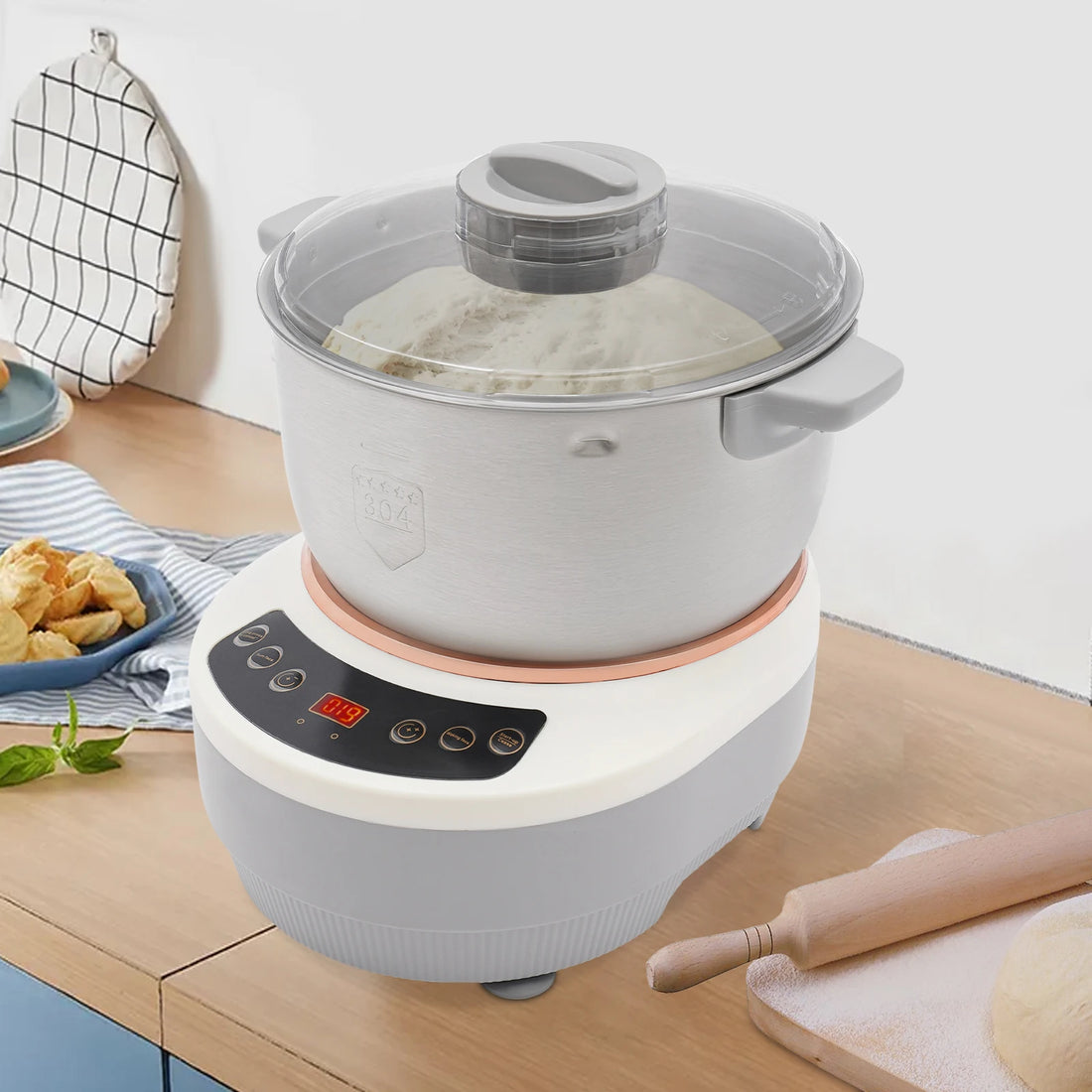 5L Electric Noodle Machine – Silver Household Noodle Making Dough Mixer with 304 Stainless Steeless Steel Silicone ABS 110V 60Hz