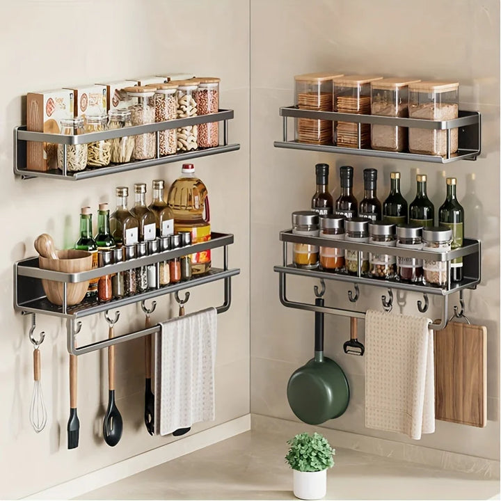 Aluminum Wall-Mounted Shelf – Multifunctional Kitchen Spice Storage Rack, Kitchen Space Management Solution
