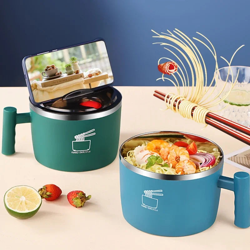 Stainless Steel Bowl with Lid – Sealed, Portable Drain Bowl for Instant Noodles