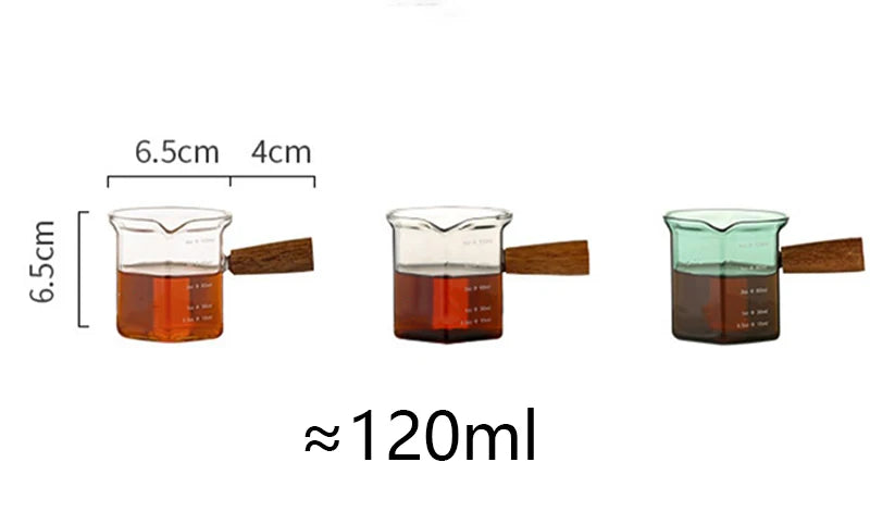 120ml Glass Espresso Measuring Cup – Hexagon Milk Jug with Wood Handle for Coffee, Sauce, and Serving