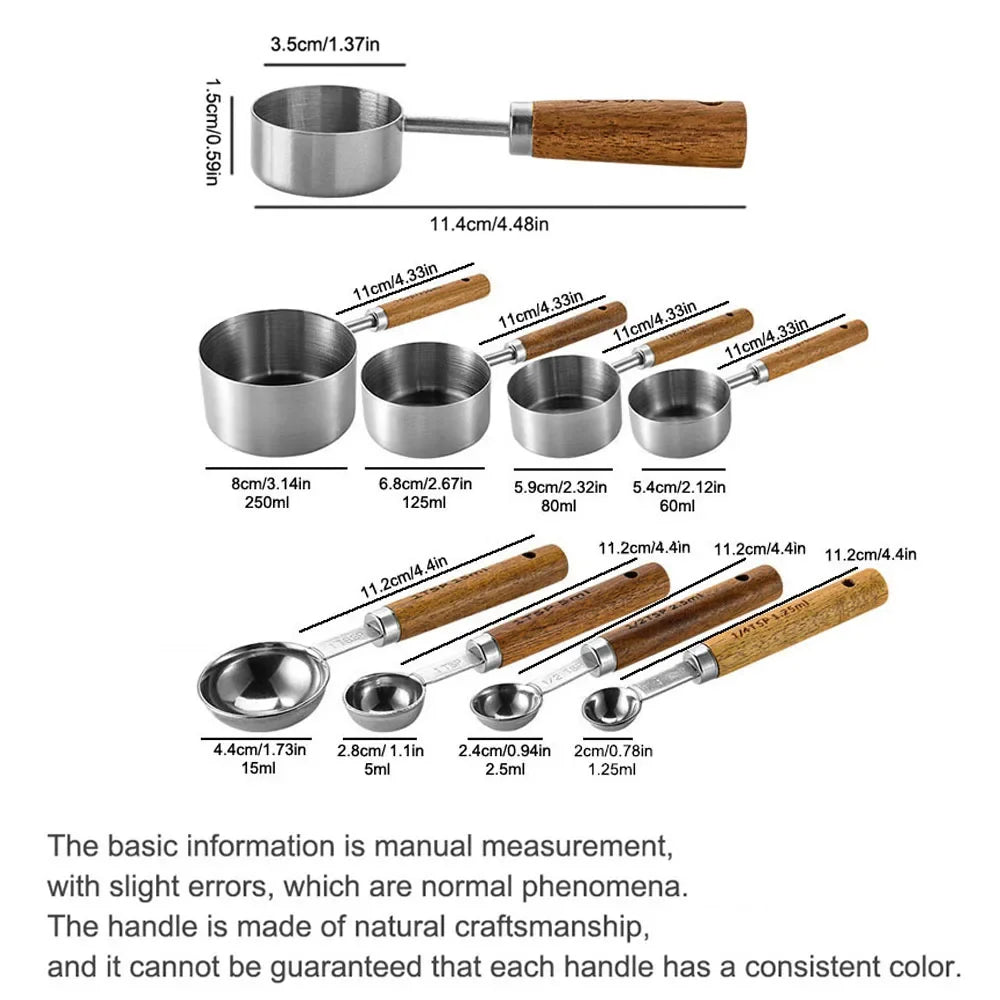 1/4/8PCS Measuring Cup Spoon Set – Stainless Steel with Wooden Handle, Coffee, Flour, Bartending & Kitchen Cooking Gadget