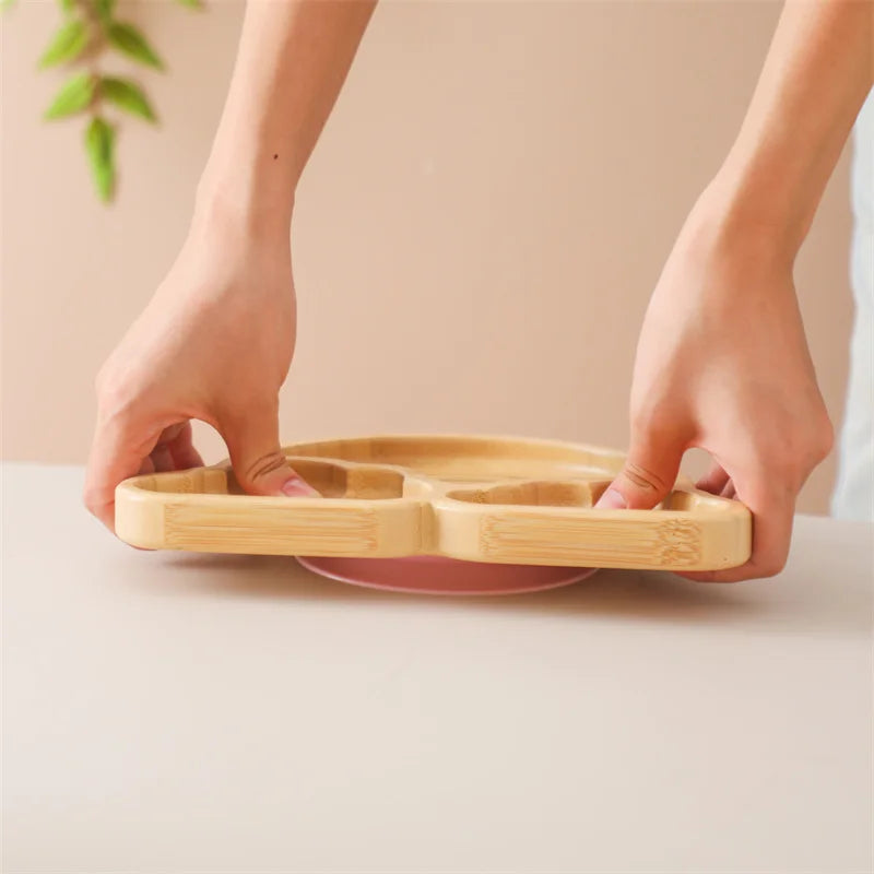 Baby Wooden Tableware Set - Bamboo Plate, Bowl, Fork & Spoon