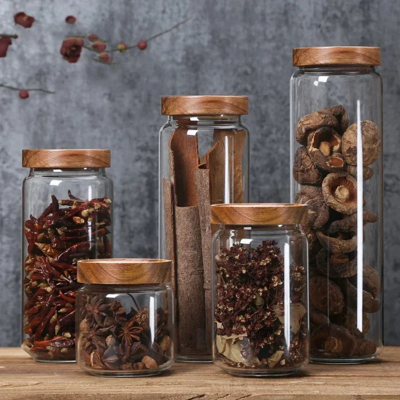 Wood Lid Glass Airtight Canister – Kitchen Storage Jar Set