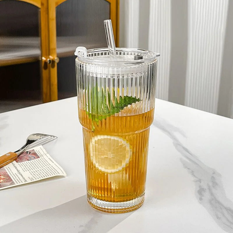 600ML Stripe Glass Coffee Cup with Lid and Straw – Transparent Drinking Glass for Juice, Milk, Tea, and Iced Coffee