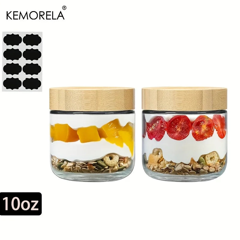 KEMORELA Glass Jars with Airtight Bamboo Lids – 2/4PCS, 290/470ML, Perfect for Overnight Oats and Salads