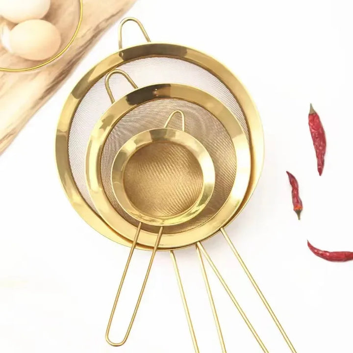 Stainless Steel Gold Mesh Egg Beater – Separate Oil Strainer, Flour Sifter, Sieve Colanders, Flour & Coffee Mesh Filter, Kitchen Bakeware