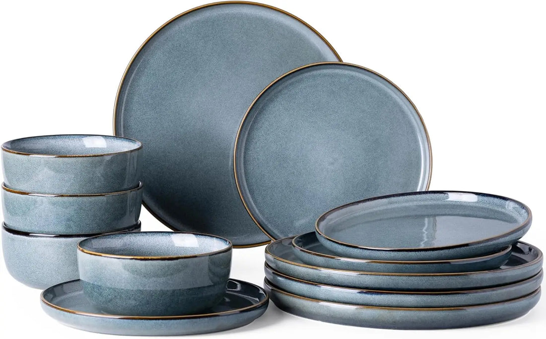 Ceramic Dinnerware Set for 4 – 12 Pieces Stoneware Plates and Bowls, Reactive Glaze, Scratch Resistant
