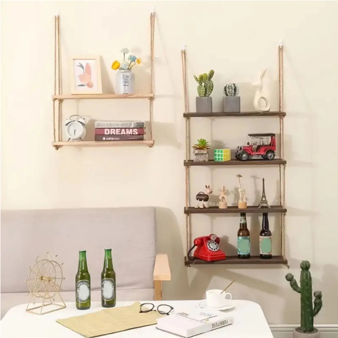 Wooden Hanging Rope Shelves – 1/2/3-Tier Wall Decor