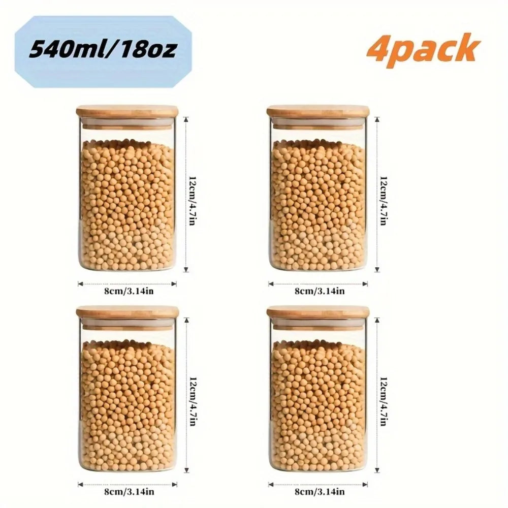 2/4 Pieces, 540ML/1000ML Glass Food Storage Jar with Bamboo Lid – Square Sealed Kitchen Container Set