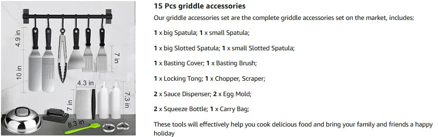 15-Piece Flat Top Grill Tool Set for Blackstone & Camping – Stainless Steel Accessory Set for Outdoor Grilling