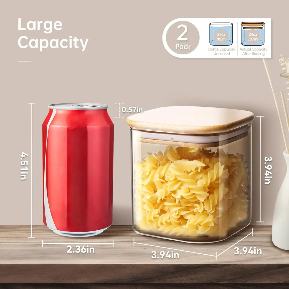 Square Glass Jars with Bamboo Lids – 27 FL OZ [Set of 6], Airtight Glass Food Storage Containers for Coffee, Spices, and Pantry Organization