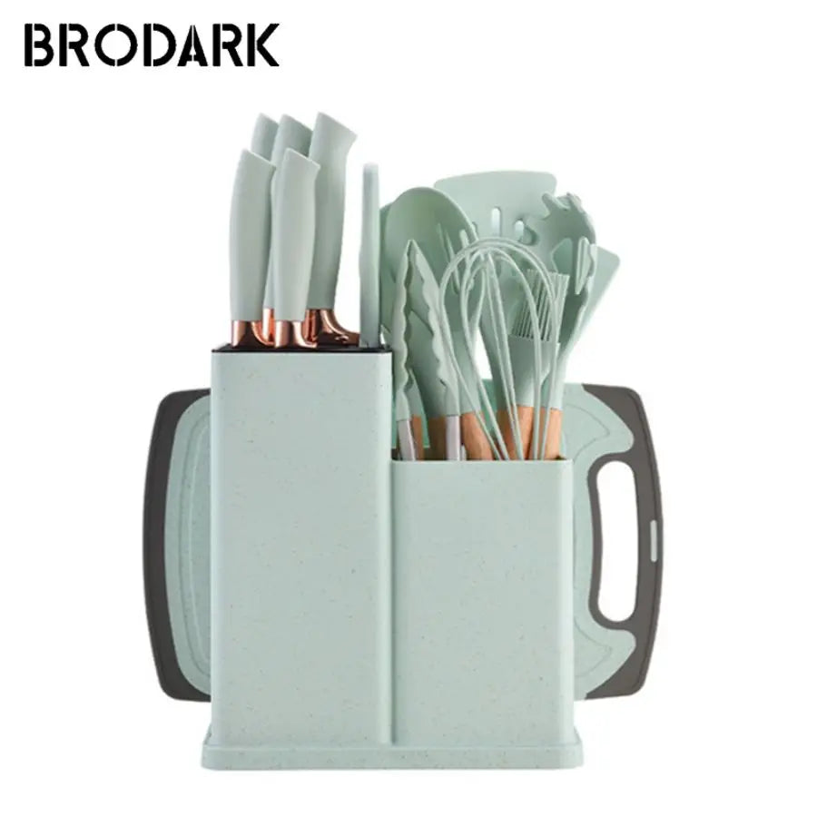 19PCS Food Grade Silicone Kitchenware Set – Cooking Spoons, Shovel, Cutting Board, Knives & More