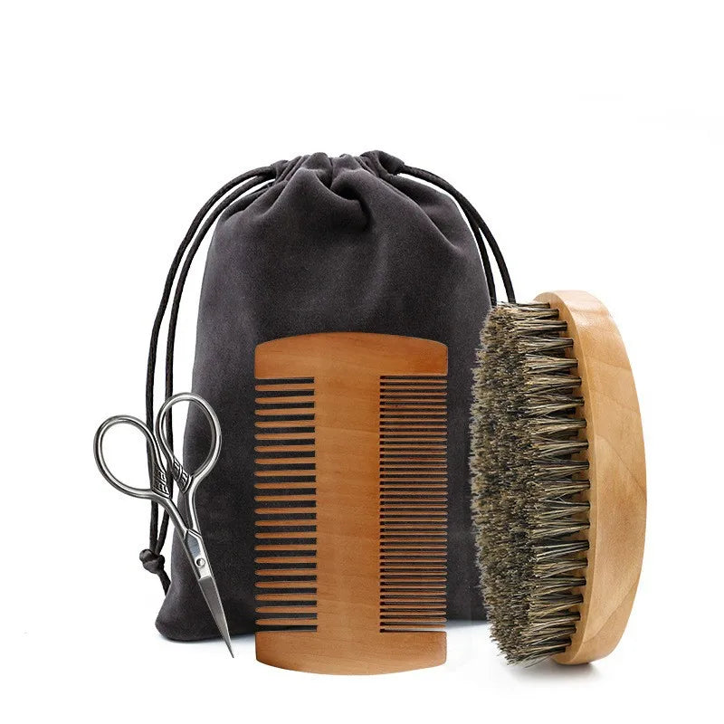 Men’s Shaving Brush Set – Boar Bristle Beard Grooming Kit with Comb & Scissors