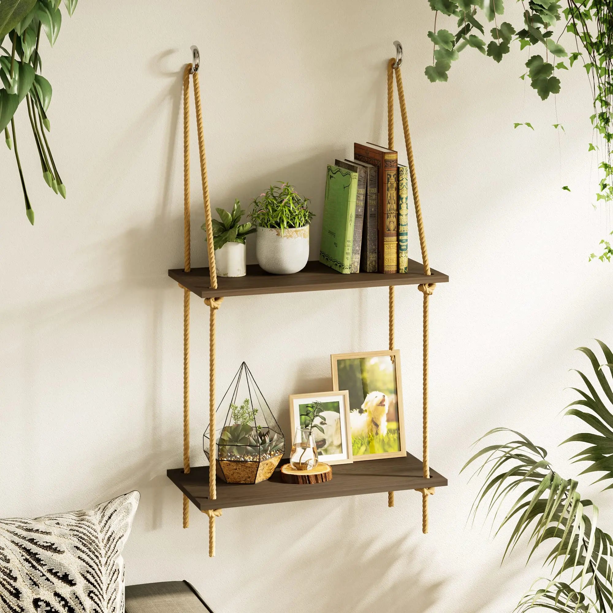 Boho Black Hanging Wall Shelves with Macrame Hanger