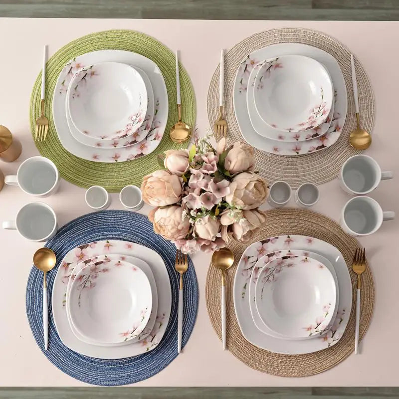 Porcelain Dinnerware Set – White Dish Set with Pink Floral Design for 4/6 People