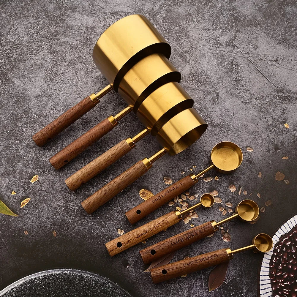 1/4/8PCS Measuring Cup Spoon Set – Stainless Steel with Wooden Handle, Coffee, Flour, Bartending & Kitchen Cooking Gadget