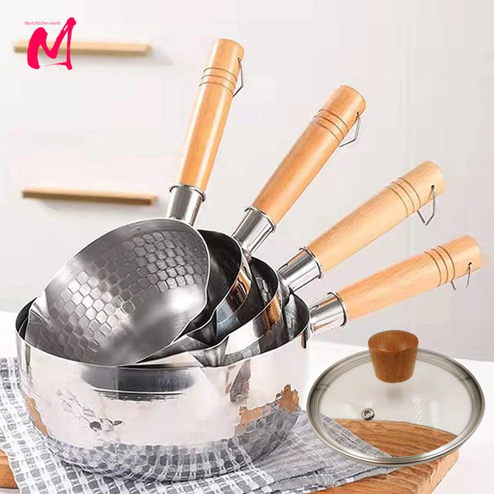 Stainless Steel Saucepan with Lid – Solid Wood Handle & Pour Spouts
